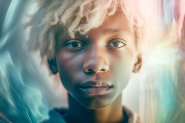 Futuristic portrait of a dreamy person with an overlay of tech elements, screen reflections, soft colors and soft light on blurry background (Generative AI)