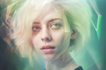 Futuristic portrait of a dreamy person with an overlay of tech elements, screen reflections, soft colors and soft light on blurry background (Generative AI)
