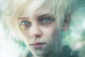 Futuristic portrait of a dreamy person with an overlay of tech elements, screen reflections, soft colors and soft light on blurry background (Generative AI)