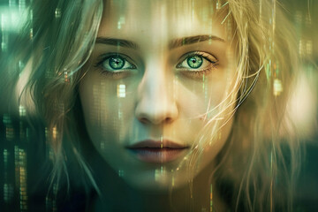 Futuristic portrait of a dreamy person with an overlay of tech elements, screen reflections, soft colors and soft light on blurry background (Generative AI)