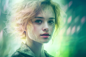 Futuristic portrait of a dreamy person with an overlay of tech elements, screen reflections, soft colors and soft light on blurry background (Generative AI)