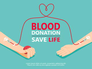 Blood donation day. Give life to be a hero. The donor arm is delivering blood to the recipient of the heart bag, sustaining life for the patient. Vector illustrator flat design for poster and banner.