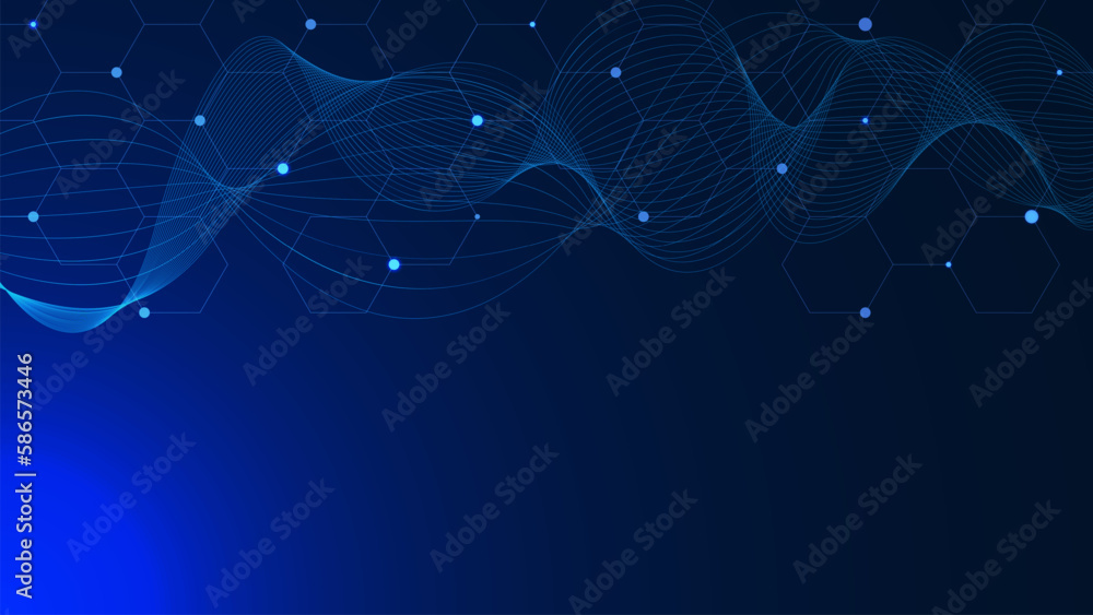 Poster abstract hexagonal with glowing particles and wave flow on blue background. molecular, technology, c