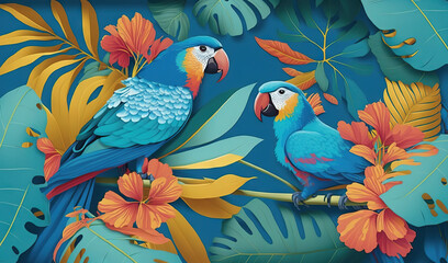 Naklejka premium two parrots are sitting on a branch surrounded by tropical leaves and flowery branches and leaves, with a blue background with orange, yellow, red and green leaves. generative ai