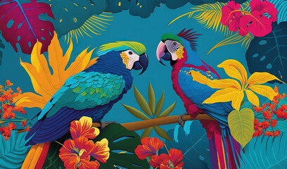  two colorful parrots sitting on a branch surrounded by tropical leaves and flowers on a blue background with red and yellow flowers on the branches.  generative ai