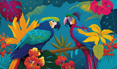 Obraz premium two colorful parrots sitting on a branch surrounded by tropical leaves and flowers on a blue background with red and yellow flowers on the branches. generative ai