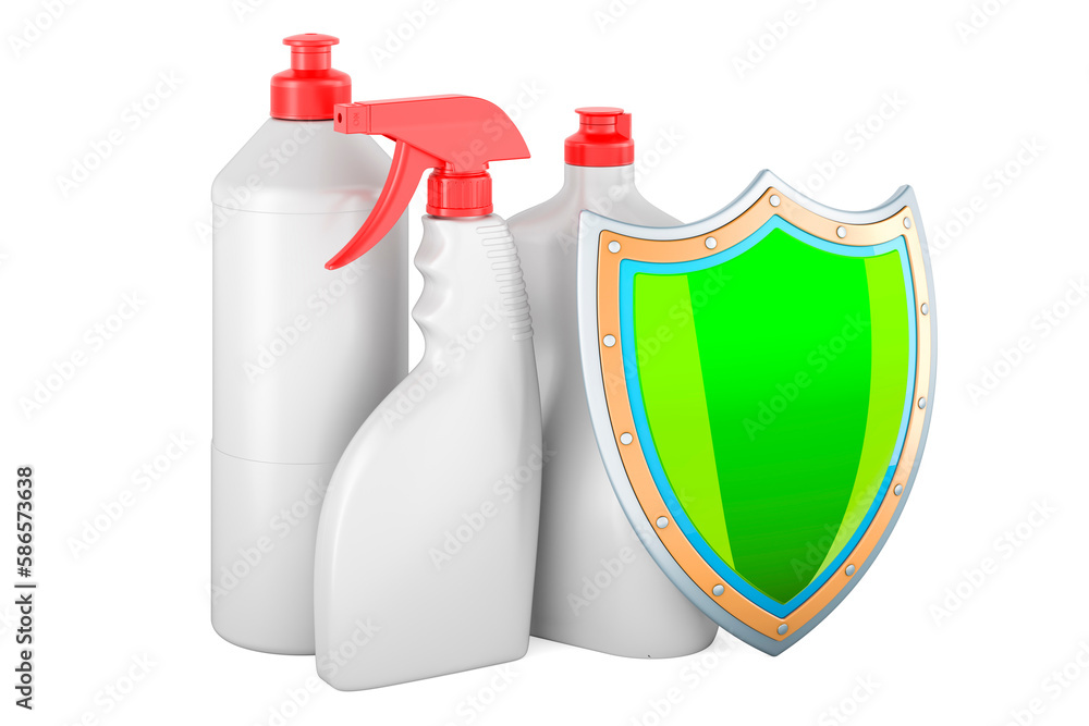 Poster detergent, cleaning products with shield. 3d rendering