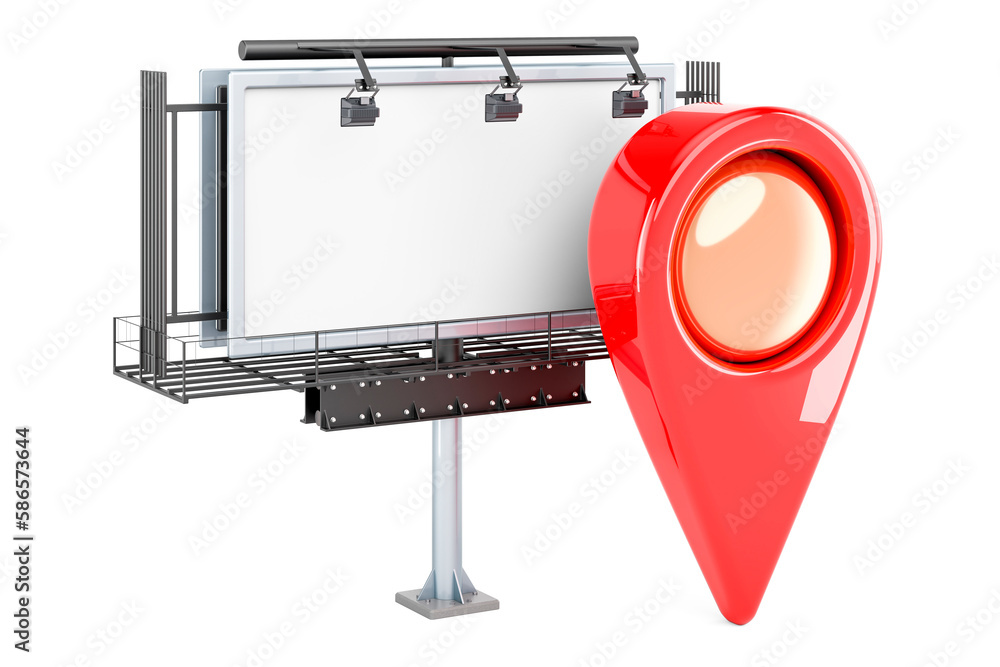 Poster empty outdoor advertising billboard with map pointer, 3d rendering