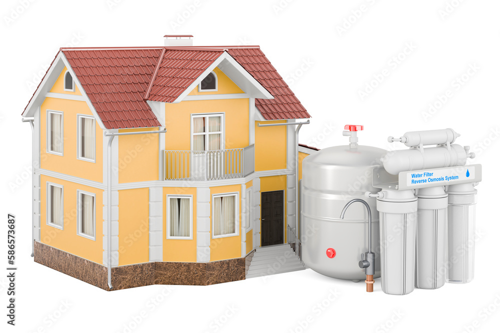Poster reverse osmosis system with home, 3d rendering
