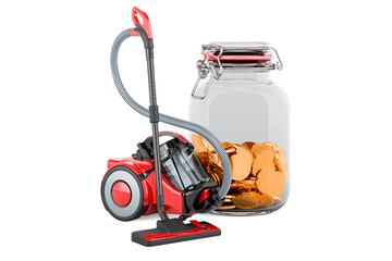 Vacuum cleaner with glass jar full of golden coins, 3D rendering