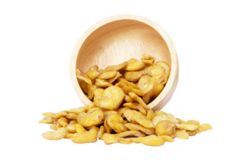 Nuts or Salted broad beans or vicia faba salt baking, overflows from in wooden cup round shape. Crispy it's a snack. It is popular at parties and as a light snack. Isolated on cutout PNG.