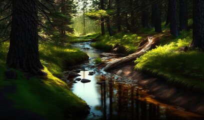  a stream running through a forest filled with lots of green grass and tall trees with a fallen log on the side of the stream,.  generative ai