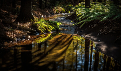  a small stream running through a forest filled with trees and grass next to a forest filled with tall grass and trees, with the sun shining on the water.  generative ai