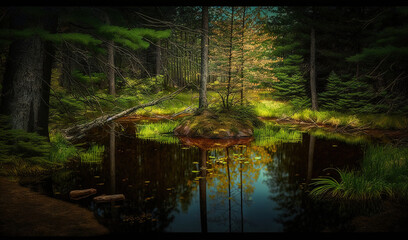  a painting of a forest with a pond in the foreground and trees in the background, with a few leaves on the ground and a fallen log in the foreground.  generative ai