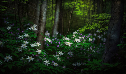  a painting of a forest with flowers and trees in the foreground and a forest of trees in the background with white and purple flowers in the foreground.  generative ai