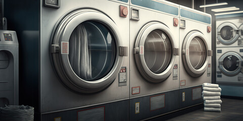 A row of industrial washing machines in a public laundromat. Dry cleaning clothes clean cloth chemical process laundry industrial drycleaning. Realistic 3D illustration. Generative AI - obrazy, fototapety, plakaty