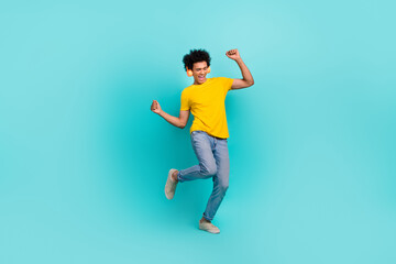 Fototapeta na wymiar Full body photo of hipster funny guy with chevelure hair listen wireless headphones dancing chill favorite playlist isolated on cyan color background