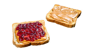 Peanut butter and jelly on white bread toasts.   Isolated, transparent background.