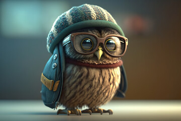 Cute anthropomorphic owl with aviator. A cartoon owl with glasses and aviator hat. Realistic 3D illustration. Generative AI