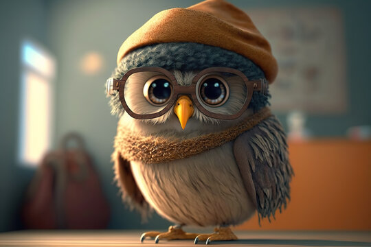 Owl with coat on back standing. A cartoon owl with glasses and a beret. Realistic 3D illustration. Generative AI