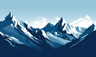  a blue and white mountain range with snow on the top of the mountain and a blue sky above the mountain range is a silhouette of the mountain range.  generative ai