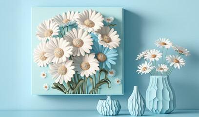  a painting of white daisies in a blue vase next to a blue vase with white daisies in it on a blue wall with a blue background.  generative ai