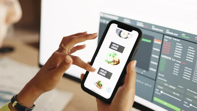 Hands, phone and food delivery with a business black woman online to order a meal while working in the office. Mobile, menu and ecommerce with a female employee ordering takeout on an app at work