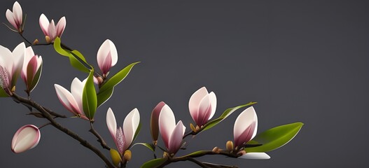 Kwitnące magnolie na ciemnym tle, miejsce na tekst, tło, ilustracja. Wygenerowano przy użyciu AI. - obrazy, fototapety, plakaty