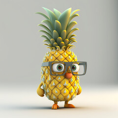 3D cute pineapple cartoon character. 3D rendering funny kawaii pineapple illustration. Realistic 3D illustration. Creative AI
