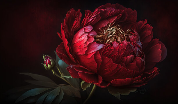  a large red flower on a dark background with leaves and stems in the center of the flower, with a dark background with a few green leaves.  generative ai