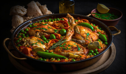  a large pan of food with peas, carrots, and chicken in it on a wooden tray with bread and a glass of wine.  generative ai