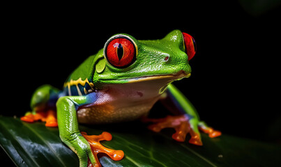 Naklejka premium a frog with red eyes is sitting on a green leaf with a black background and a black background is also visible in the background and the frog is looking at the camera. generative ai