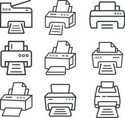 Printer icon, printer flat icon. Printer icon in different outline, line and stroke style