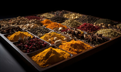  a tray filled with lots of different types of spices and herbs on top of a table next to a bottle of wine and a glass of wine.  generative ai