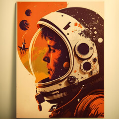 Poster depicting an astronaut in a spacesuit stylized as 60s created with Generative AI technology.