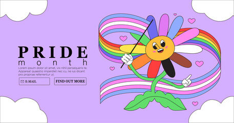 Cheerful cute character with rainbow lgbtq and transgender flag celebrate pride month or day vector flat illustration. LGBTQ social media banner or post template, greeting card on purple background. - obrazy, fototapety, plakaty