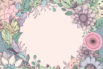  a floral frame with a pink circle surrounded by leaves and flowers on a blue background with a pink circle in the middle of the frame.  generative ai