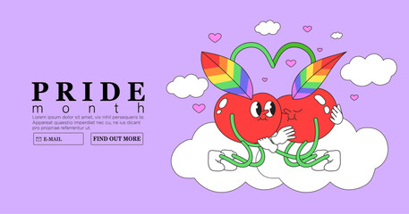Two cute cherries hug each other tenderly with rainbow colored leaves. Trendy lgbtq or pride month event or festival banner, poster, placard, greeting card. Funky characters on purple backgroun