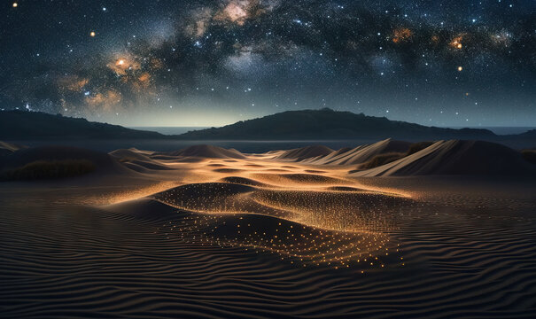  a night sky with stars above a desert landscape with sand dunes and a star filled mountain in the distance with stars in the sky above.  generative ai