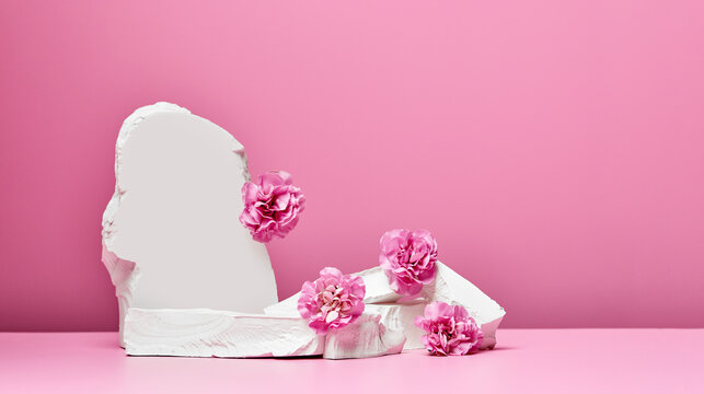 White stones and white roses isolated on pink background