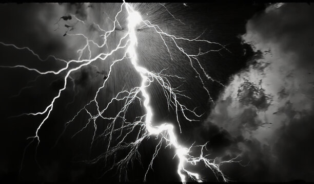  a black and white photo of a lightning storm in the night sky with clouds and birds in the foreground and a black and white photo of a lightning.  generative ai