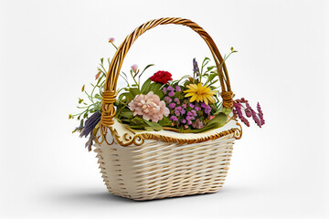 Fototapeta na wymiar Spring Flowers in a Basket on White Background - Generative AI