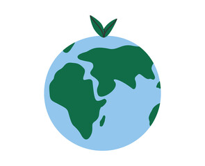 Hand drawn cute cartoon illustration of planet Earth with two leaves. Flat vector Earth day, environment protection design sticker in colored doodle style. Ecology sticker, icon or print. Isolated.