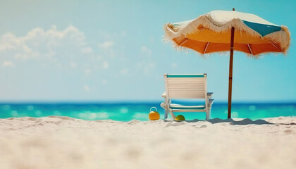 Fototapeta premium Sunny calm ocean sandy coast background with beach chair and big multicolored umbrella. Sea shore resort outdoor backdrop. AI generative image.