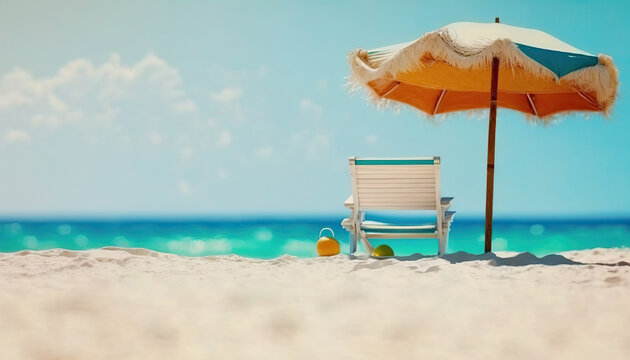 Sunny calm ocean sandy coast background with beach chair and big multicolored umbrella. Sea shore resort outdoor backdrop. AI generative image.