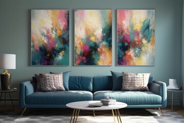 modern living room with colorful abstract paintings on the wall. Generative AI