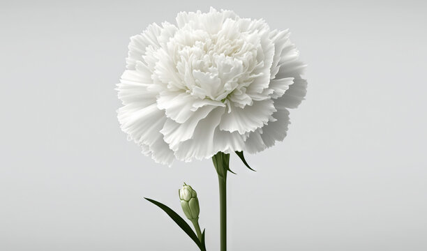  a large white flower is in a vase on a table with a white background and a green stem is in the foreground of the picture.  generative ai