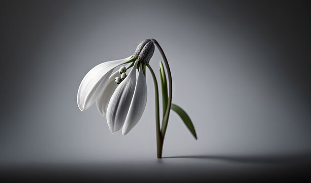  a white flower with a green stem in the middle of the picture with a gray background and a gray back ground with only one flower in the foreground.  generative ai