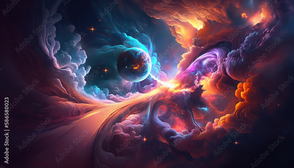 Wall mural abstract space core fantasy background with planet and glowing sky background. ai generative image.