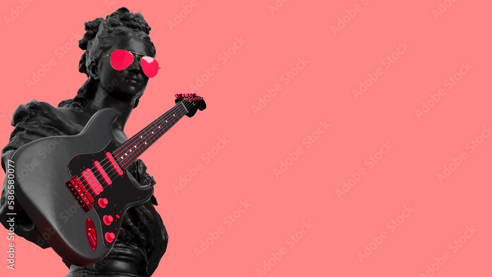 Wall mural 3d render pink background black statue woman with guitar in left music forever